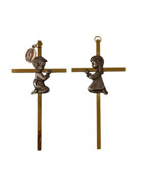 Boy And Girl Praying Cross Wall Decor Set Pewter And Metal With Gold Tone Finish